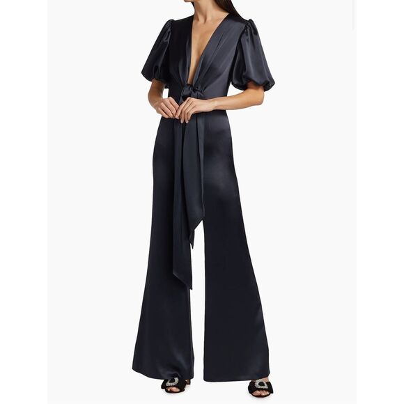 NWOT Galvan London Plunge Eden Tie Waist Satin Wide leg Jumpsuit Midnight Size 4 - Picture 1 of 9